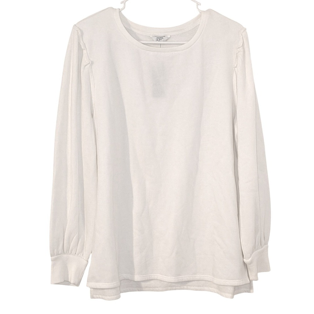 Crown & Ivy Womens Ivory Ruffle Shoulder Athleisure Sweatshirt Large NWT $60